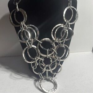 Chicos Chunky Statement Necklace Connected Hammered Textured Silver Tone Discs